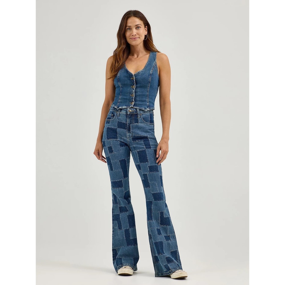 Lee Patchwork Denim Jeans Flare Leg High Waist Retro Women's Size 31